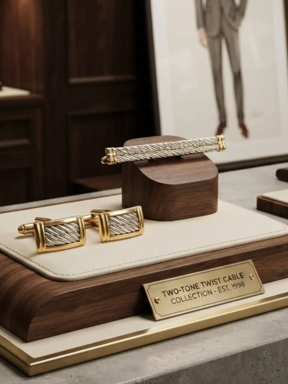 Vintage Two-Tone Gold & Silver Twisted Cable 3-Piece Cuff Link and Tie Clip Set